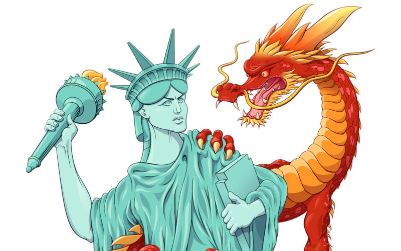 National-symbols-USA-China-show-international-relations.-Vector-illustration-in-comic-style